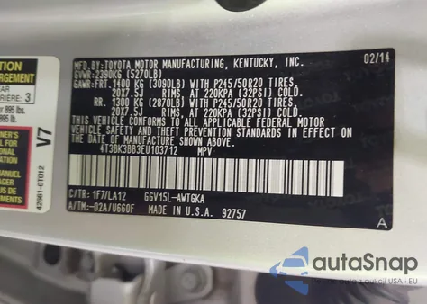 2014 Toyota Venza Limited V6 z USA, uszkodzony, nr VIN 4T3BK3BB3EU103712